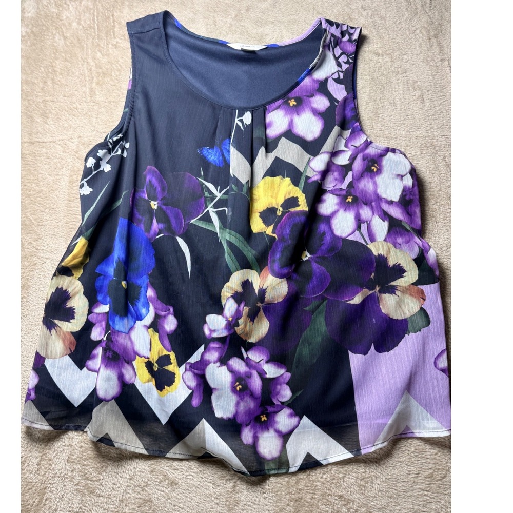 CJ Banks Women X Floral Pansy Chevron Sleeveless Blouse Navy Purple Cottagecore